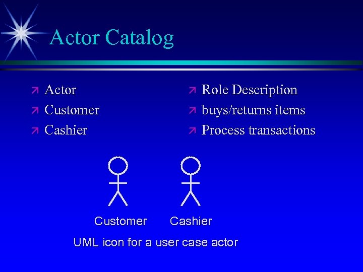 Actor Catalog ä ä ä Actor Customer Cashier Customer ä ä ä Role Description