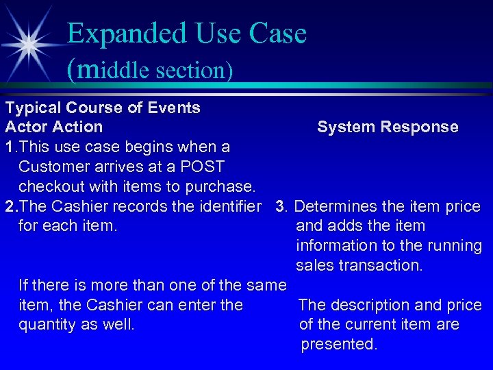 Expanded Use Case (middle section) Typical Course of Events Actor Action System Response 1.