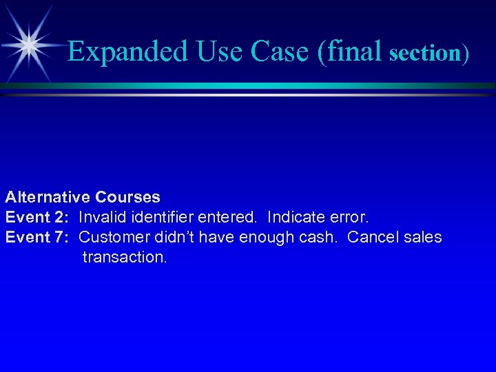 Expanded Use Case (final section) Alternative Courses Event 2: Invalid identifier entered. Indicate error.