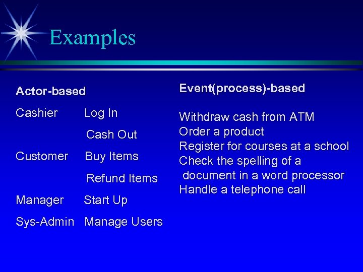 Examples Actor-based Event(process)-based Cashier Withdraw cash from ATM Order a product Register for courses