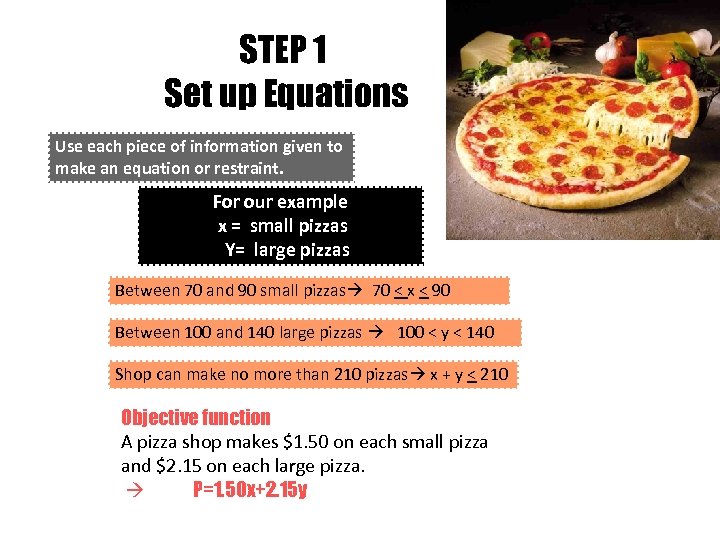 STEP 1 Set up Equations Use each piece of information given to make an