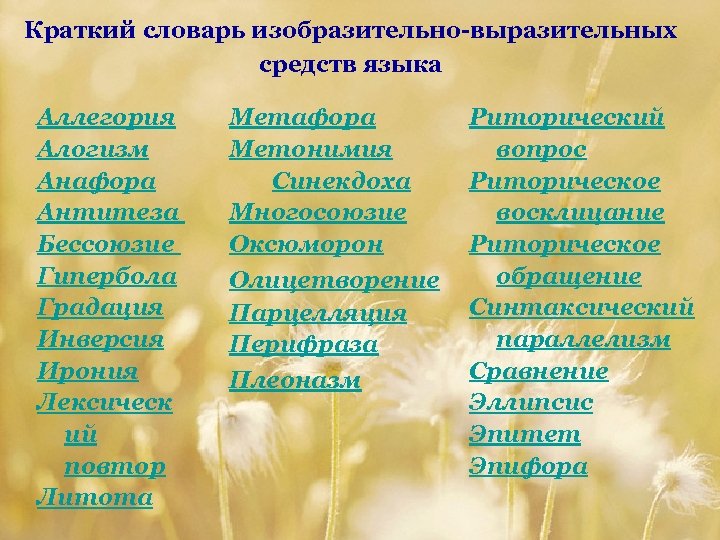 Краткий словарь изобразительно-выразительных средств языка Аллегория Алогизм Анафора Антитеза Бессоюзие Гипербола Градация Инверсия Ирония