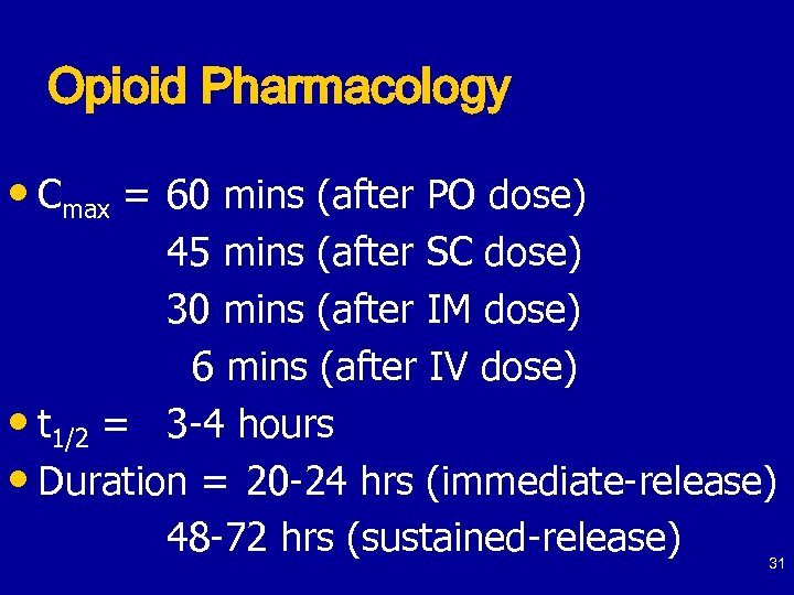 Opioid Pharmacology • Cmax = 60 mins (after PO dose) 45 mins (after SC