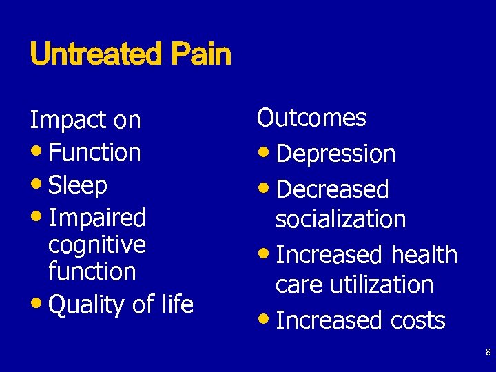 Untreated Pain Impact on • Function • Sleep • Impaired cognitive function • Quality