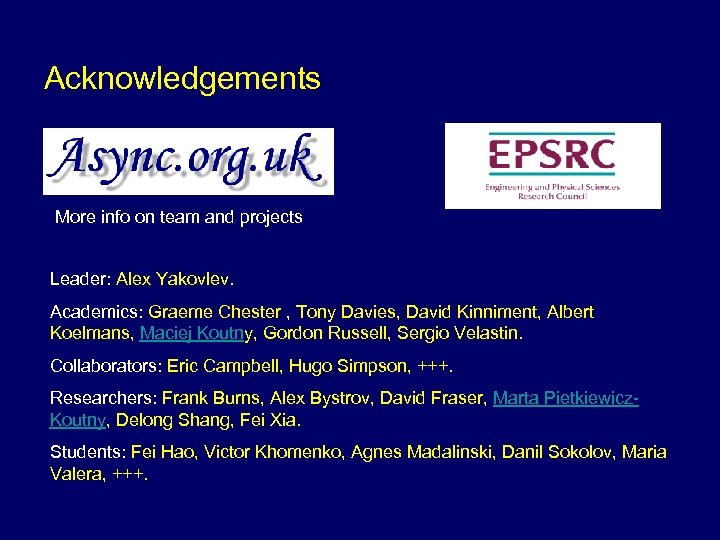 Acknowledgements More info on team and projects Leader: Alex Yakovlev. Academics: Graeme Chester ,