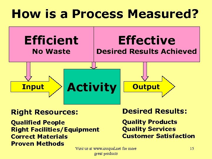 How is a Process Measured? Efficient No Waste Input Effective Desired Results Achieved Activity