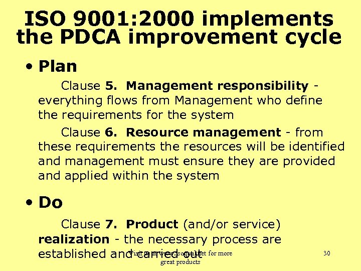 ISO 9001: 2000 implements the PDCA improvement cycle • Plan Clause 5. Management responsibility