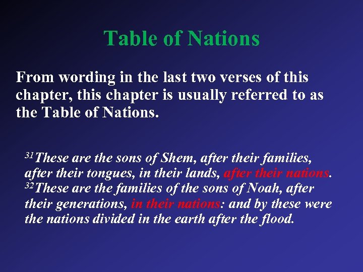 Table of Nations From wording in the last two verses of this chapter, this