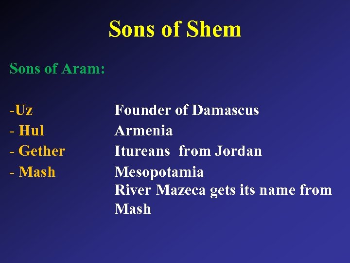 Sons of Shem Sons of Aram: -Uz - Hul - Gether - Mash Founder