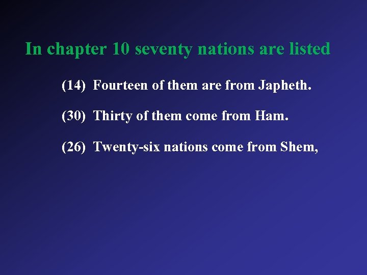 In chapter 10 seventy nations are listed (14) Fourteen of them are from Japheth.