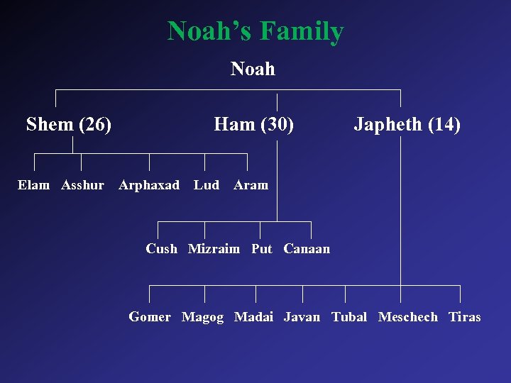 Noah’s Family Noah Shem (26) Ham (30) Japheth (14) Elam Asshur Arphaxad Lud Aram