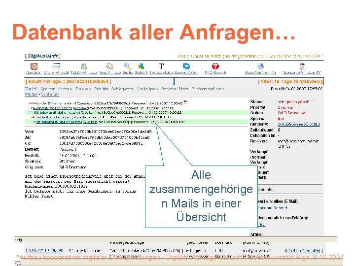 Datenbank aller Anfragen… Diverse Suchmöglichkeiten Alle zusammengehörige n Mails in einer Übersicht "Aufbau kooperativer