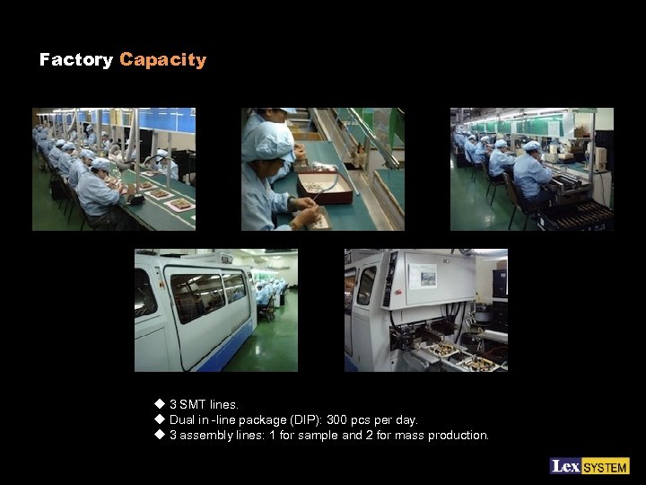 Factory Capacity u 3 SMT lines. u Dual in -line package (DIP): 300 pcs