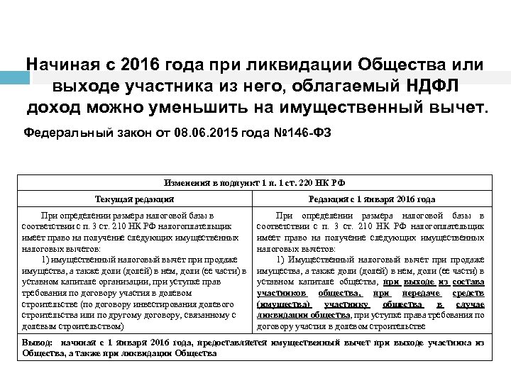 Начиная с 2016 года при ликвидации Общества или выходе участника из него, облагаемый НДФЛ