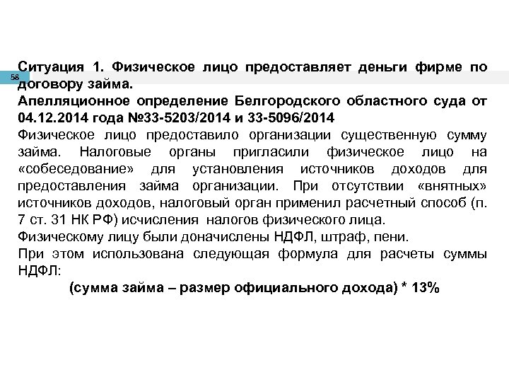 Ситуация 1. Физическое лицо предоставляет деньги фирме по договору займа. Апелляционное определение Белгородского областного