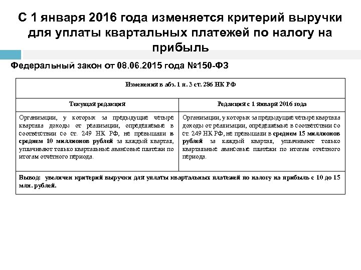 С 1 января 2016 года изменяется критерий выручки для уплаты квартальных платежей по налогу