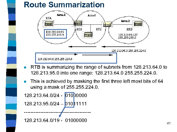 Route Summarization n RTB is summarizing the range of subnets from 128. 213. 64.