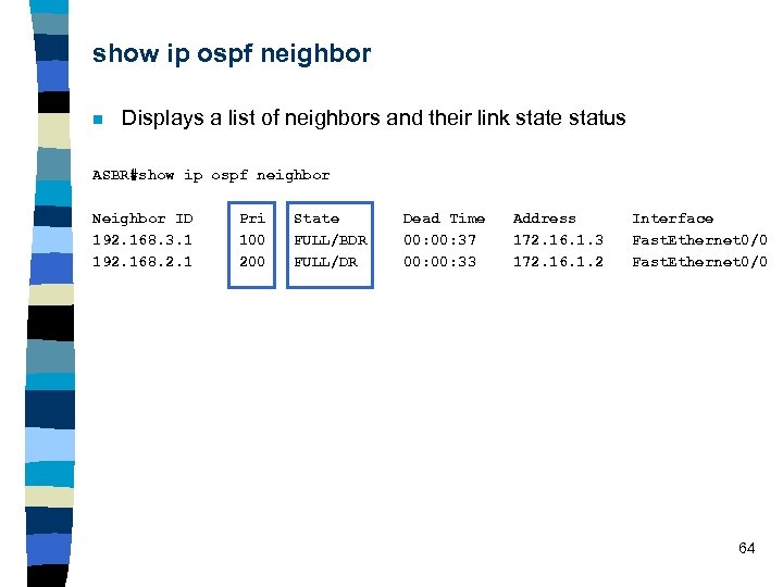 show ip ospf neighbor n Displays a list of neighbors and their link state