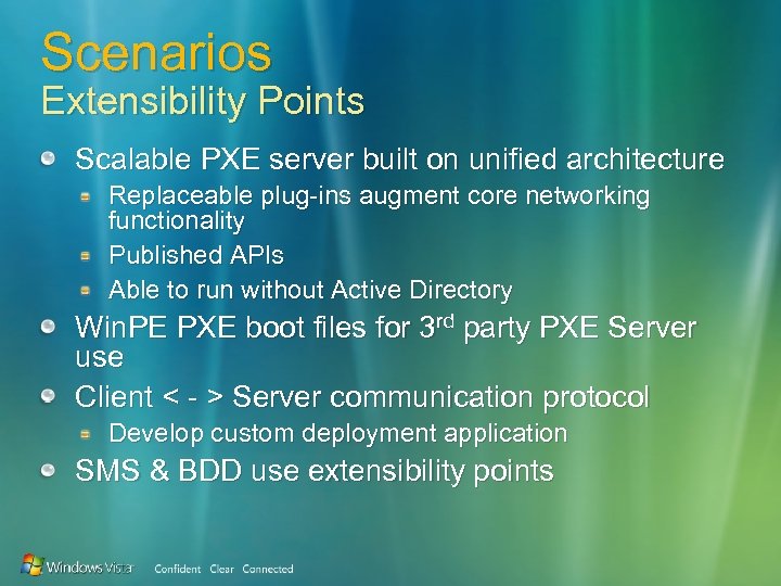 Scenarios Extensibility Points Scalable PXE server built on unified architecture Replaceable plug-ins augment core