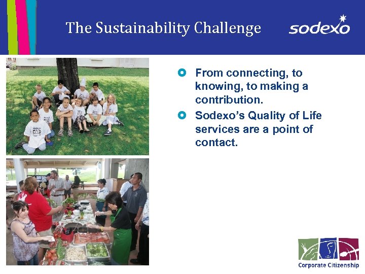 The Sustainability Challenge £ From connecting, to knowing, to making a contribution. £ Sodexo’s