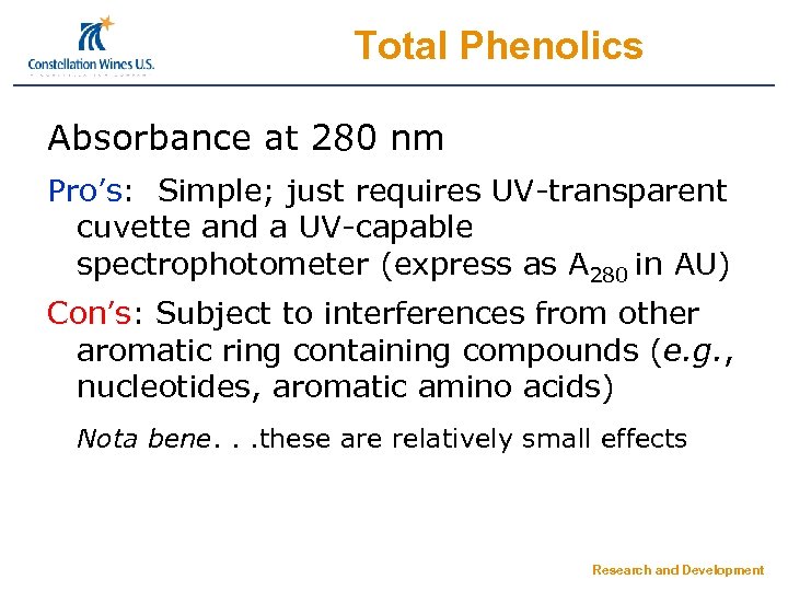 Total Phenolics Absorbance at 280 nm Pro’s: Simple; just requires UV-transparent cuvette and a