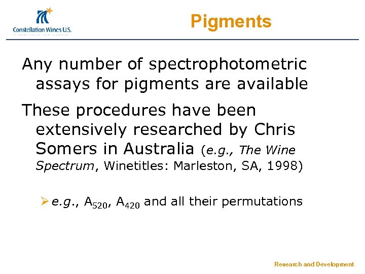 Pigments Any number of spectrophotometric assays for pigments are available These procedures have been