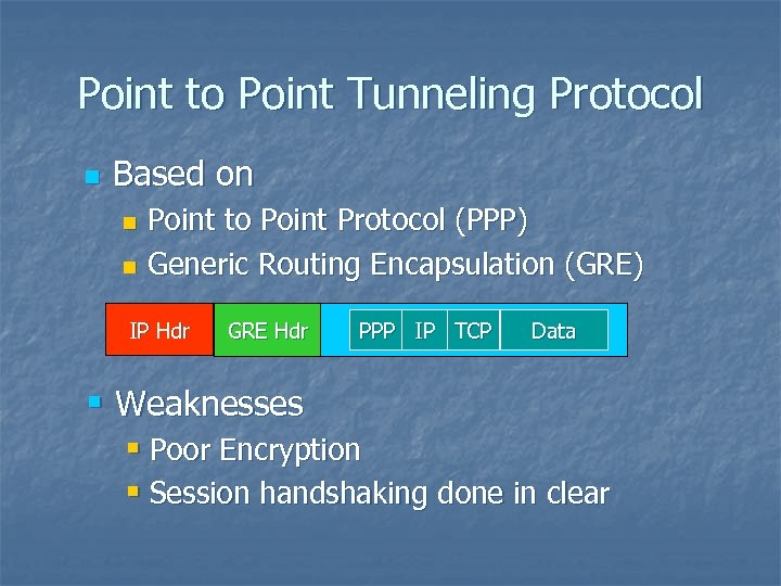 Point to Point Tunneling Protocol n Based on Point to Point Protocol (PPP) n