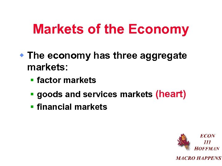 Markets of the Economy w The economy has three aggregate markets: § factor markets