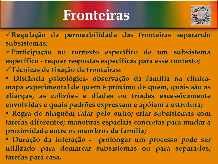 Fronteiras üRegulação da permeabilidade das fronteiras separando subsistemas; üParticipação no contexto específico de um