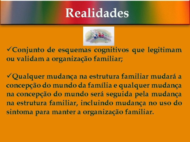 Realidades üConjunto de esquemas cognitivos que legitimam ou validam a organização familiar; üQualquer mudança