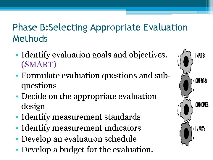 Phase B: Selecting Appropriate Evaluation Methods • Identify evaluation goals and objectives. (SMART) •