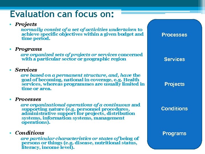 Evaluation can focus on: • Projects normally consist of a set of activities undertaken