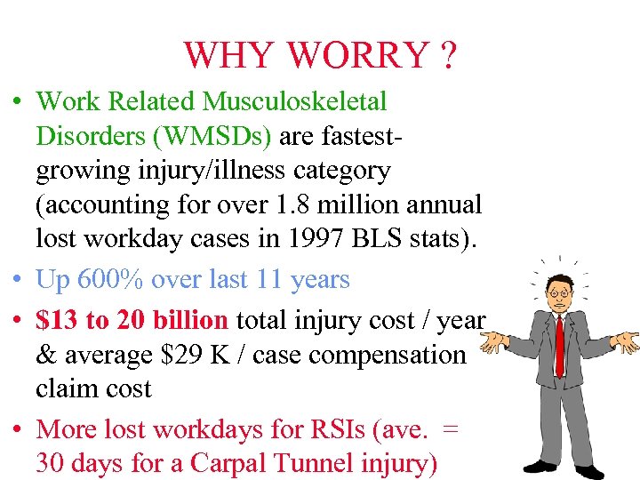 WHY WORRY ? • Work Related Musculoskeletal Disorders (WMSDs) are fastestgrowing injury/illness category (accounting