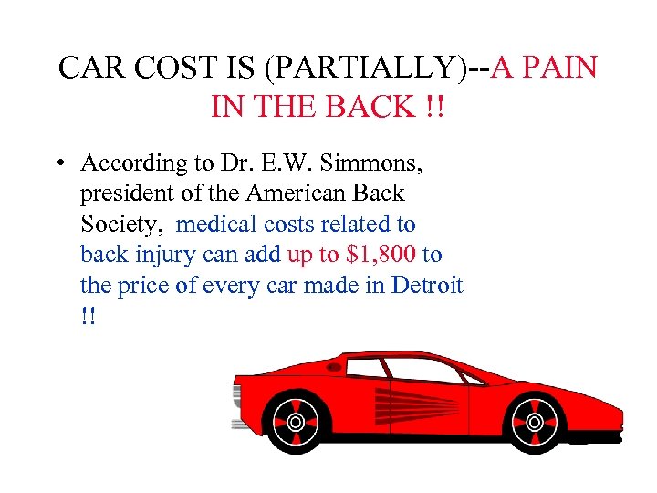 CAR COST IS (PARTIALLY)--A PAIN IN THE BACK !! • According to Dr. E.
