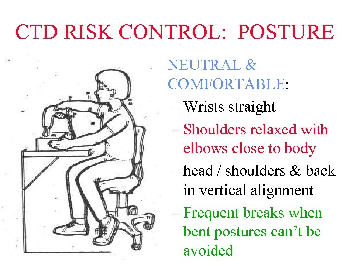 CTD RISK CONTROL: POSTURE • NEUTRAL & COMFORTABLE: – Wrists straight – Shoulders relaxed