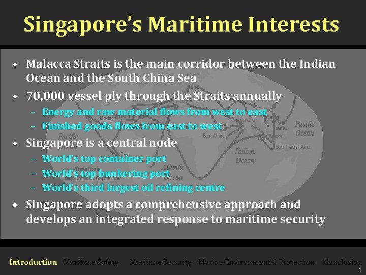Singapore’s Maritime Interests • Malacca Straits is the main corridor between the Indian Ocean