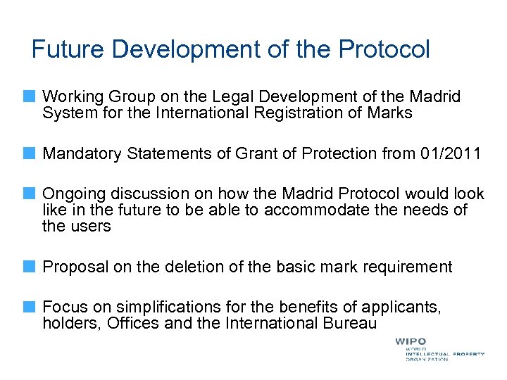 Future Development of the Protocol Working Group on the Legal Development of the Madrid