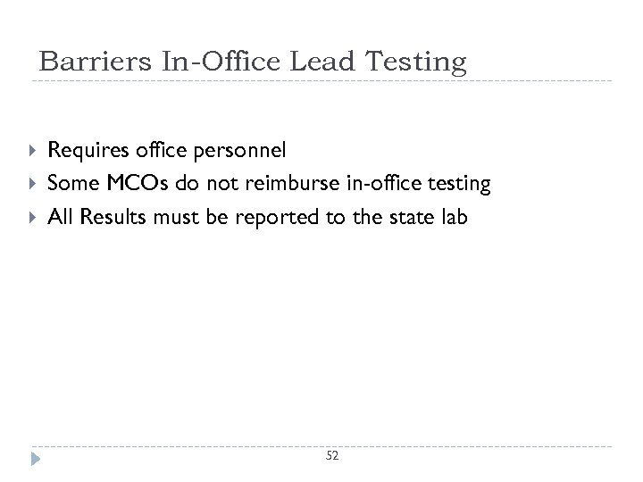 Barriers In-Office Lead Testing Requires office personnel Some MCOs do not reimburse in-office testing