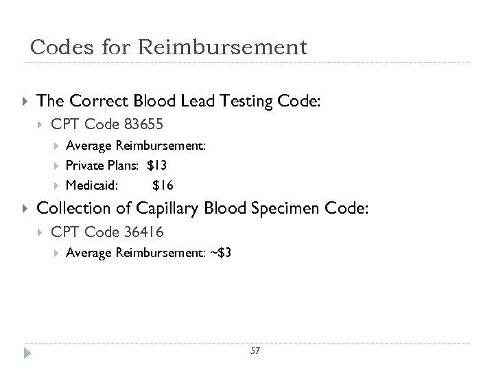 Codes for Reimbursement The Correct Blood Lead Testing Code: CPT Code 83655 Average Reimbursement: