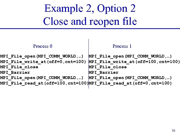 Example 2, Option 2 Close and reopen file Process 0 Process 1 MPI_File_open(MPI_COMM_WORLD, …)