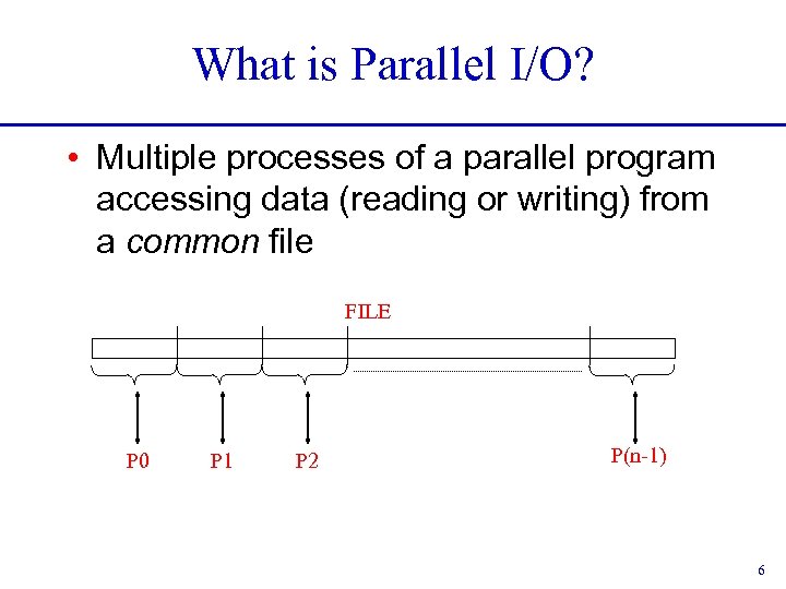 What is Parallel I/O? • Multiple processes of a parallel program accessing data (reading