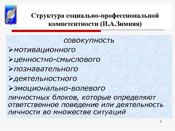 Структура социально-профессиональной компетентности (И. А. Зимняя) совокупность Øмотивационного Øценностно-смыслового Øпознавательного Øдеятельностного Øэмоционально-волевого личностных блоков,