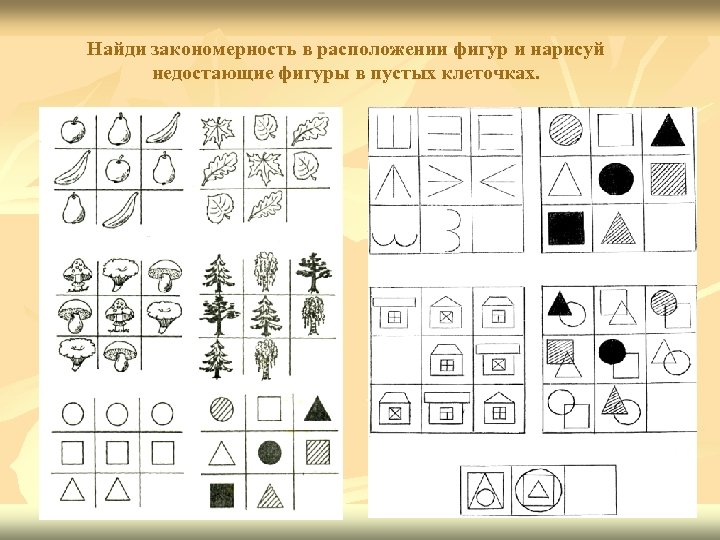 Найди закономерность в расположении фигур и нарисуй недостающие фигуры в пустых клеточках. 