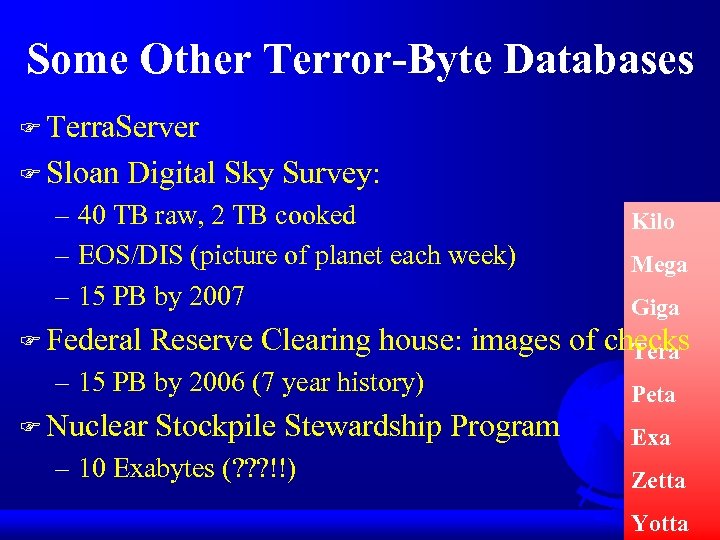 Some Other Terror-Byte Databases F Terra. Server F Sloan Digital Sky Survey: – 40