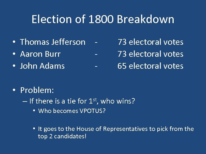 Election of 1800 Breakdown • Thomas Jefferson • Aaron Burr • John Adams -