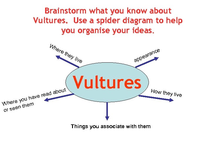 Brainstorm what you know about Vultures. Use a spider diagram to help you organise