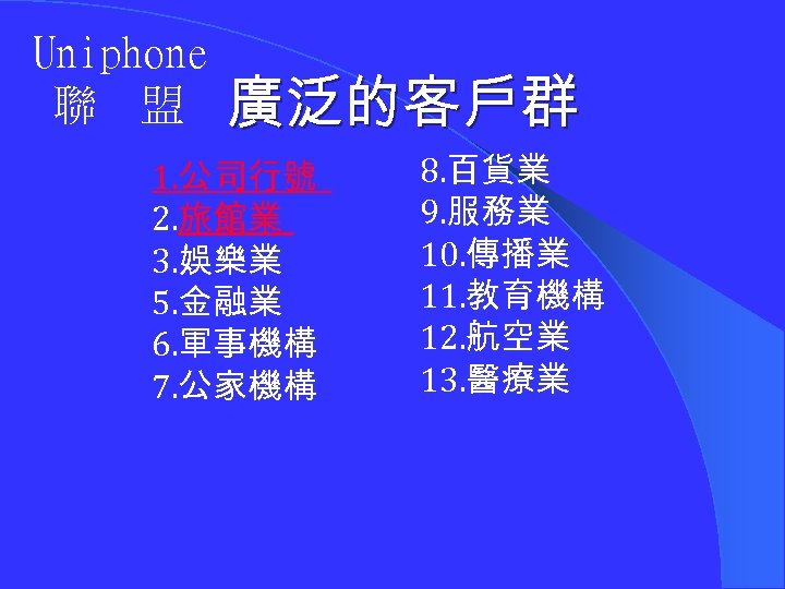 Uniphone 聯 盟 廣泛的客戶群 1. 公司行號 2. 旅館業 3. 娛樂業 5. 金融業 6. 軍事機構