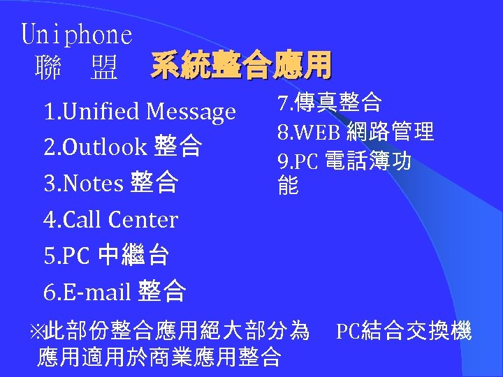 Uniphone 聯 盟 系統整合應用 1. Unified Message 2. Outlook 整合 3. Notes 整合 4.