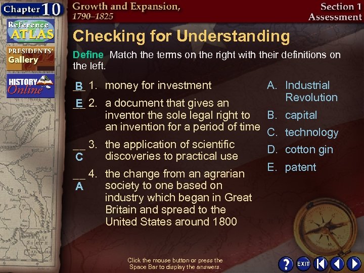 Checking for Understanding Define Match the terms on the right with their definitions on