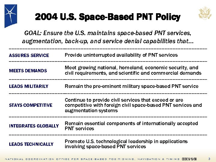 2004 U. S. Space-Based PNT Policy GOAL: Ensure the U. S. maintains space-based PNT